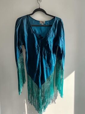 Teal SILK (100% silk) Fringe Blouse with Embroidered Detail. Heidi Abra design.